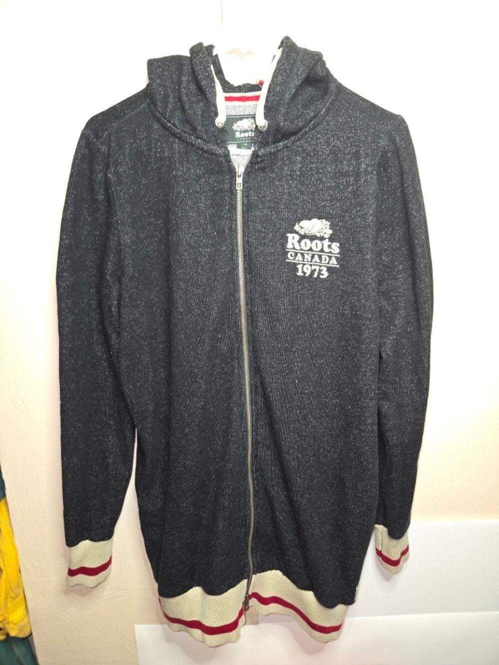 Roots Canada Men's Black Heathered Cotton Poly Logoed Full Zip Jacket Size Large